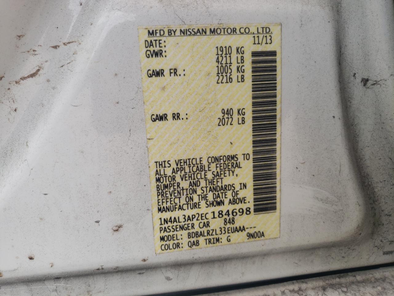 Photo 10 from auction – 2014 NISSAN ALTIMA 2.5 with VIN 1N4AL3AP2EC184698