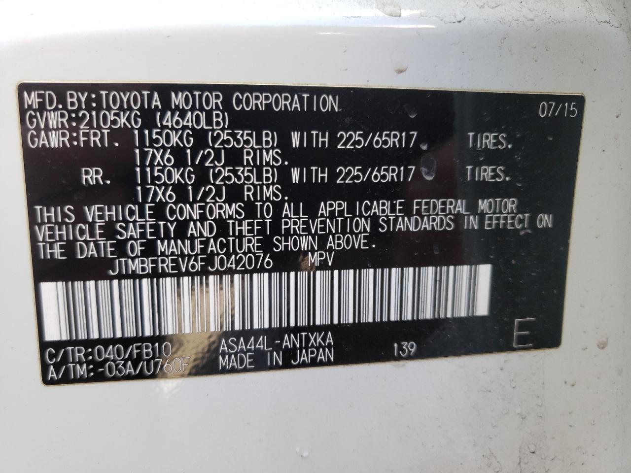 Photo 10 from auction – 2015 TOYOTA RAV4 LE with VIN JTMBFREV6FJ042076