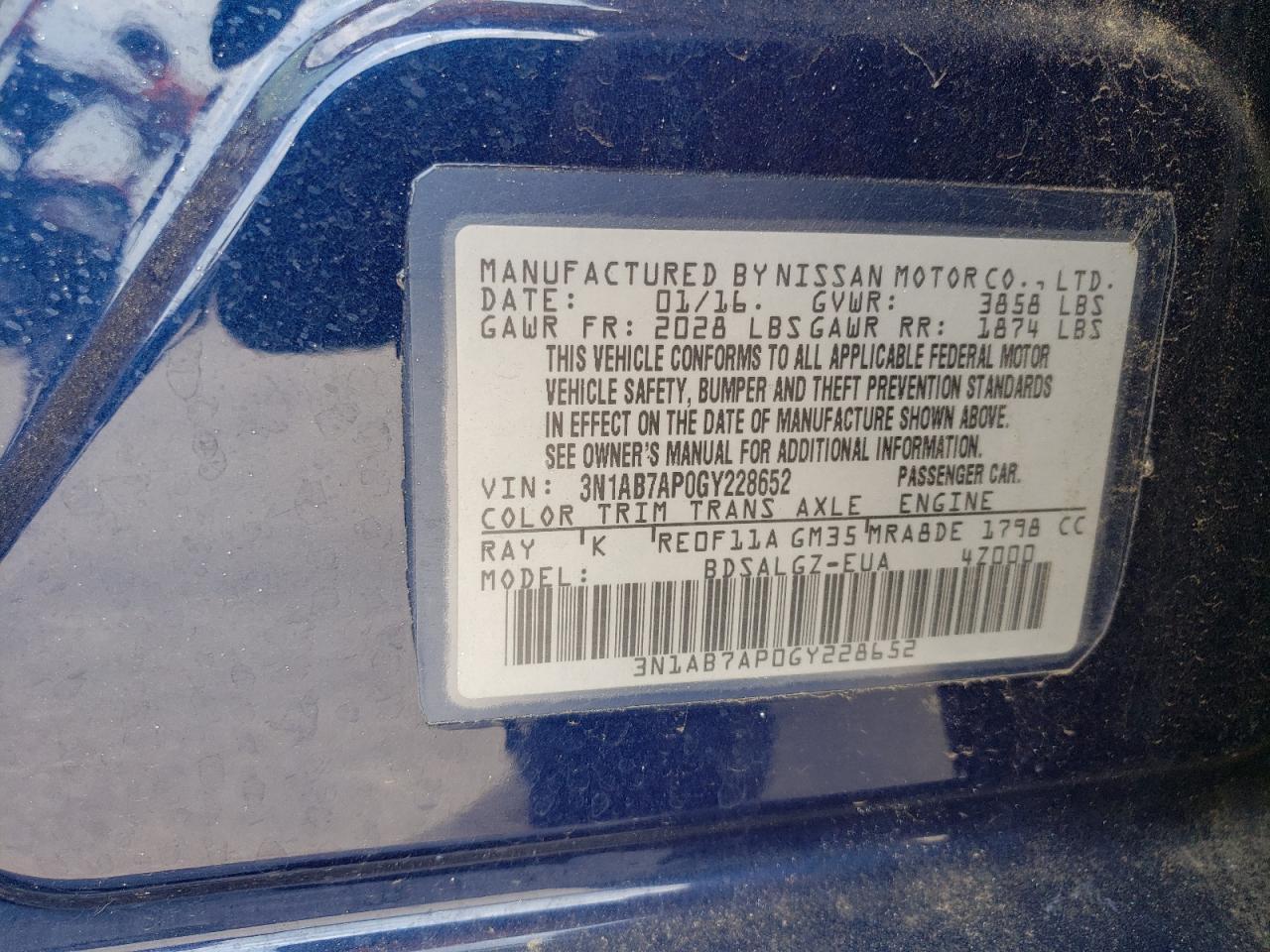 Photo 10 from auction – 2016 NISSAN SENTRA S with VIN 3N1AB7AP0GY228652