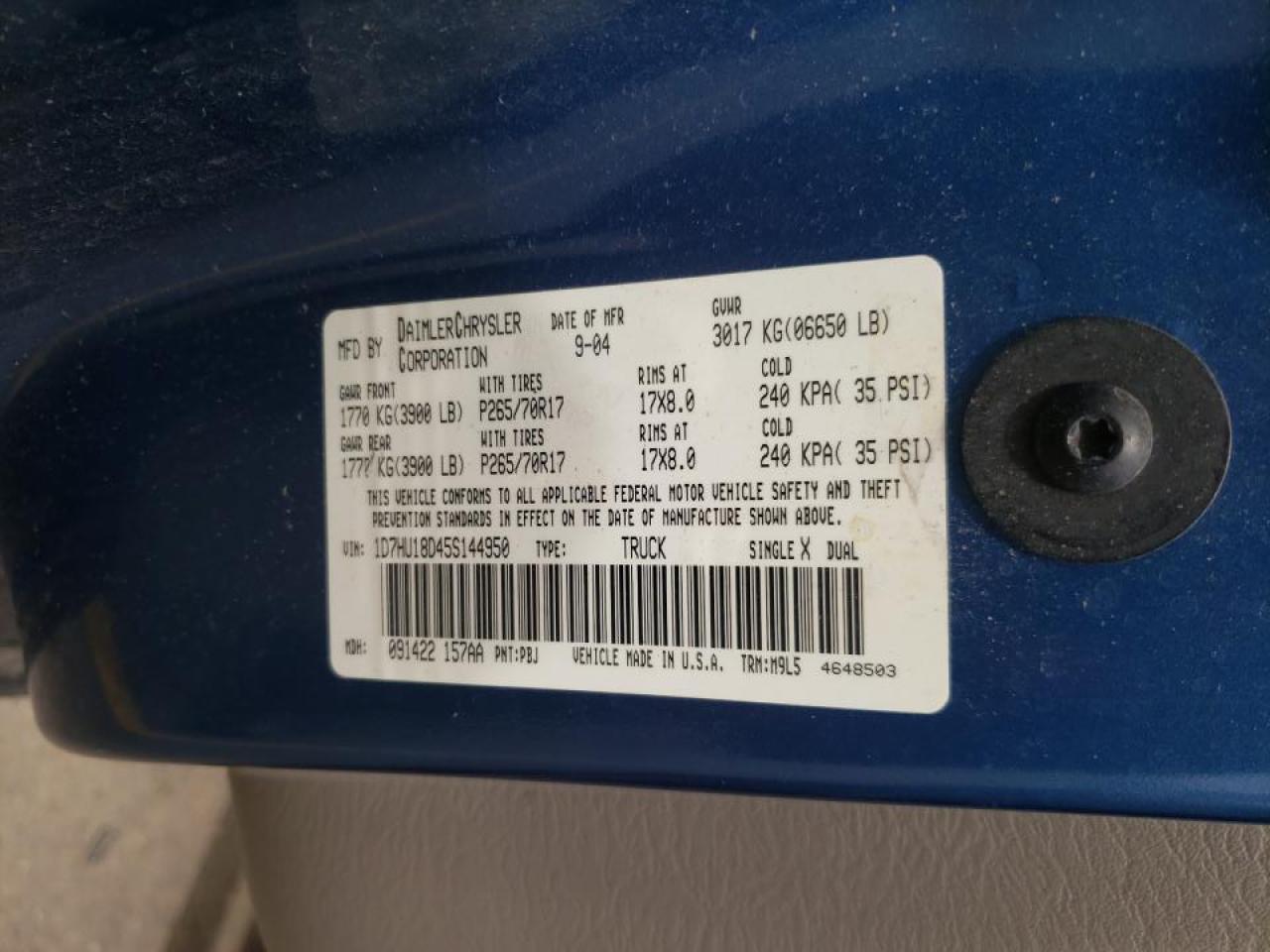 Photo 10 from auction – 2005 DODGE RAM 1500 S with VIN 1D7HU18D45S144950