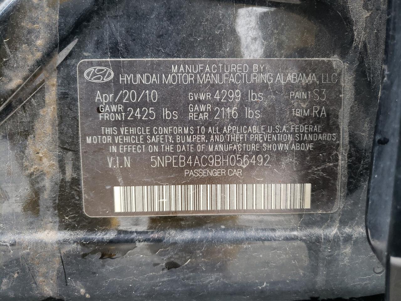 Photo 10 from auction – 2011 HYUNDAI SONATA GLS with VIN 5NPEB4AC9BH056492