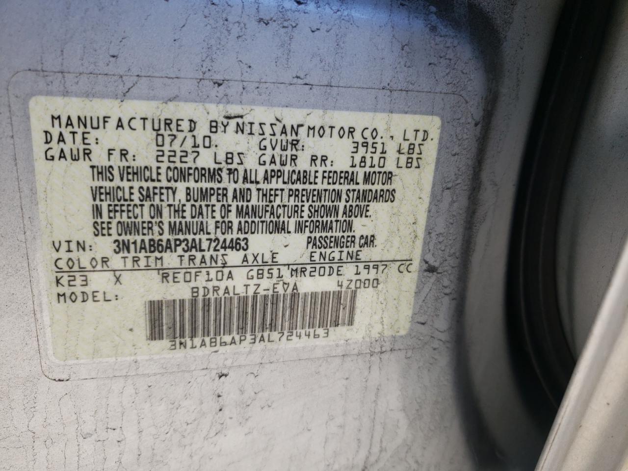 Photo 10 from auction – 2010 NISSAN SENTRA 2.0 with VIN 3N1AB6AP3AL724463