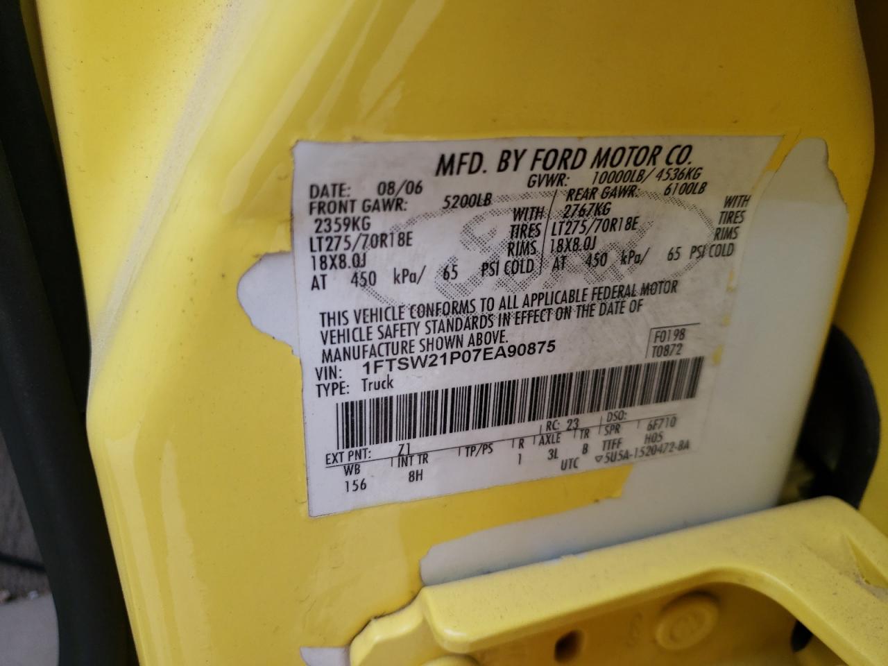 Photo 10 from auction – 2007 FORD F250 SUPER with VIN 1FTSW21P07EA90875