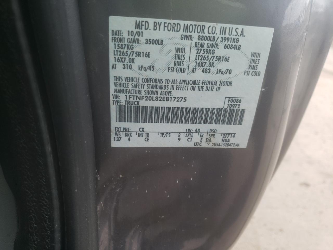 Photo 10 from auction – 2002 FORD F250 SUPER with VIN 1FTNF20L82EB17275
