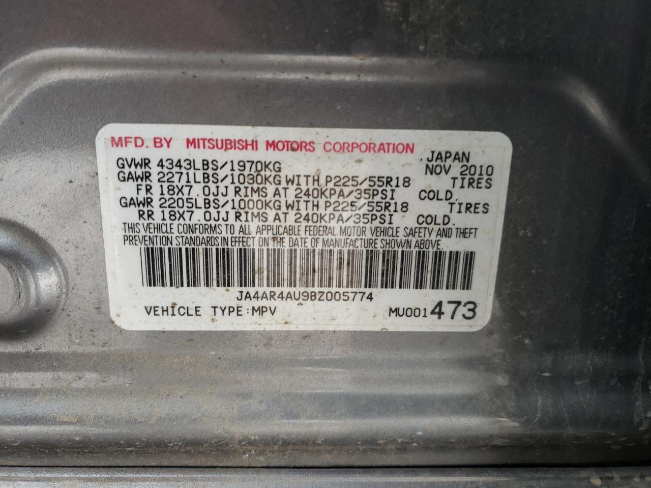 Photo 10 from auction – 2011 MITSUBISHI OUTLANDER with VIN JA4AR4AU9BZ005774