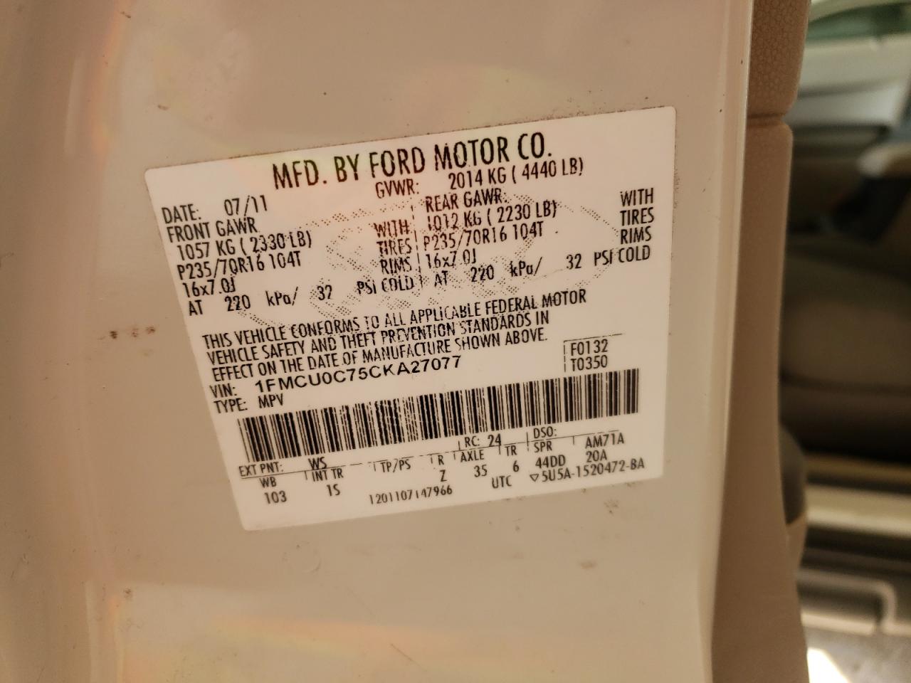 Photo 10 from auction – 2012 FORD ESCAPE XLS with VIN 1FMCU0C75CKA27077