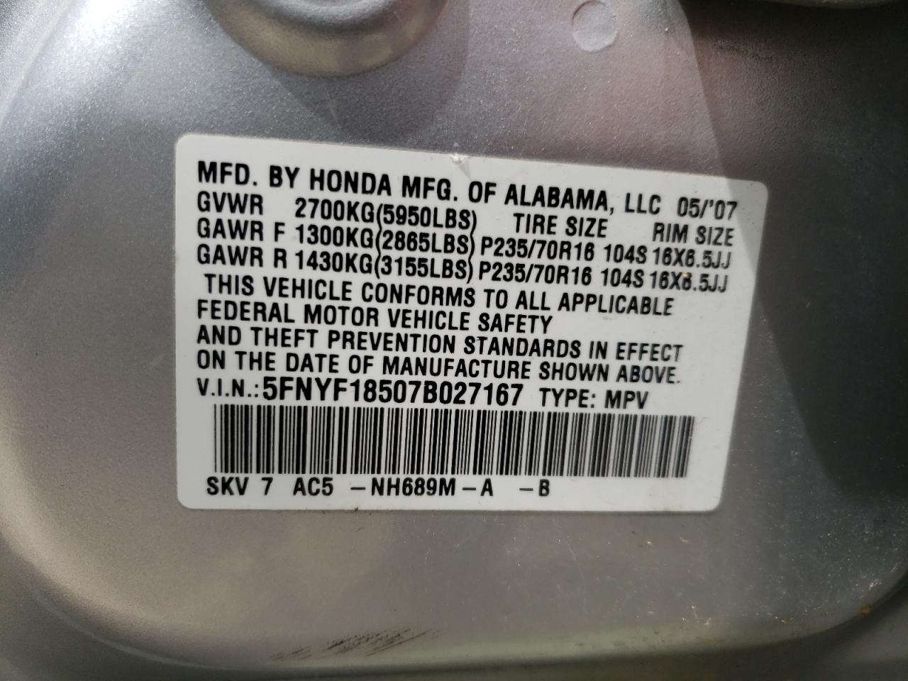 Photo 10 from auction – 2007 HONDA PILOT EXL with VIN 5FNYF18507B027167