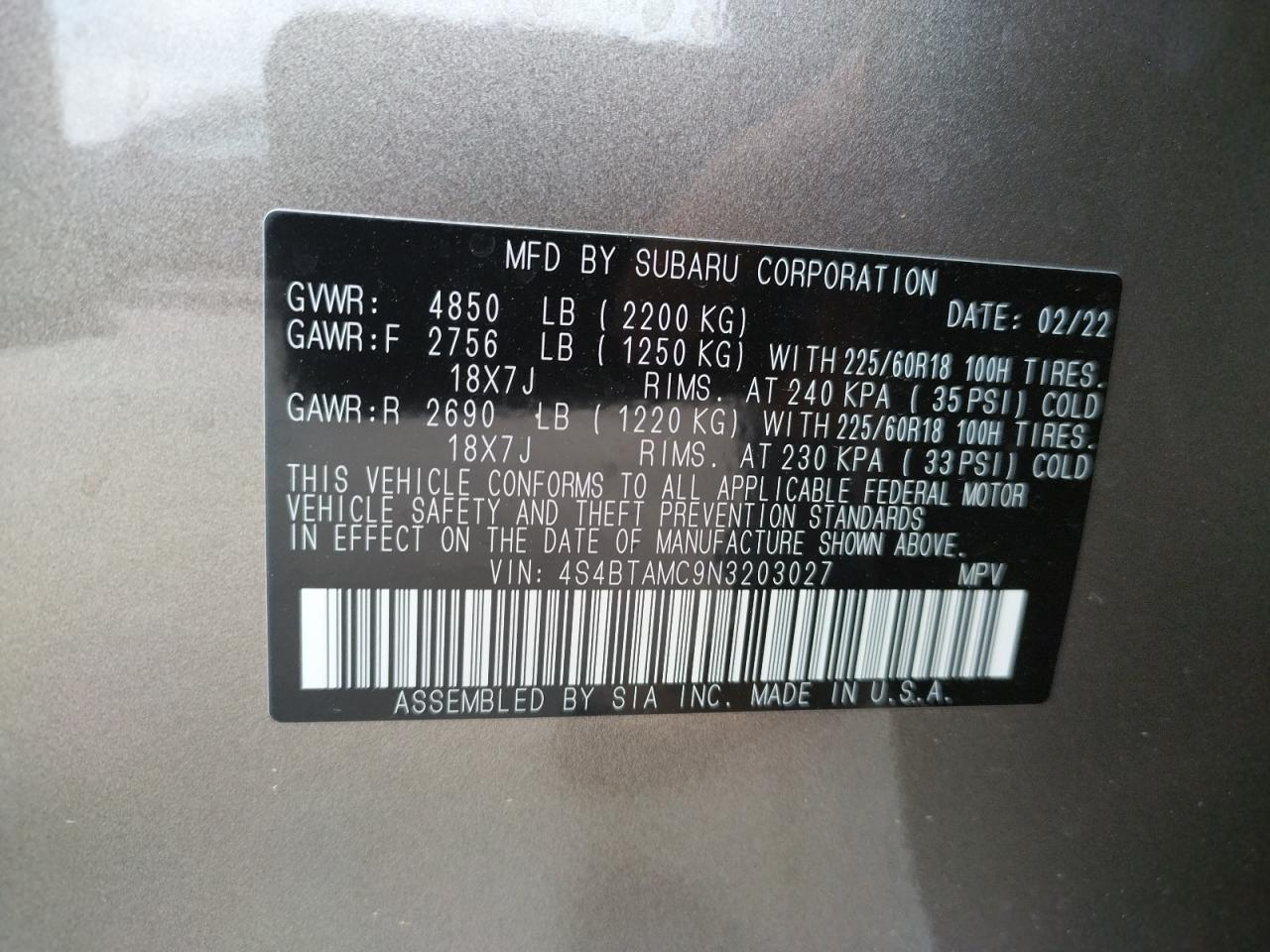 Photo 10 from auction – 2022 SUBARU OUTBACK LI with VIN 4S4BTAMC9N3203027