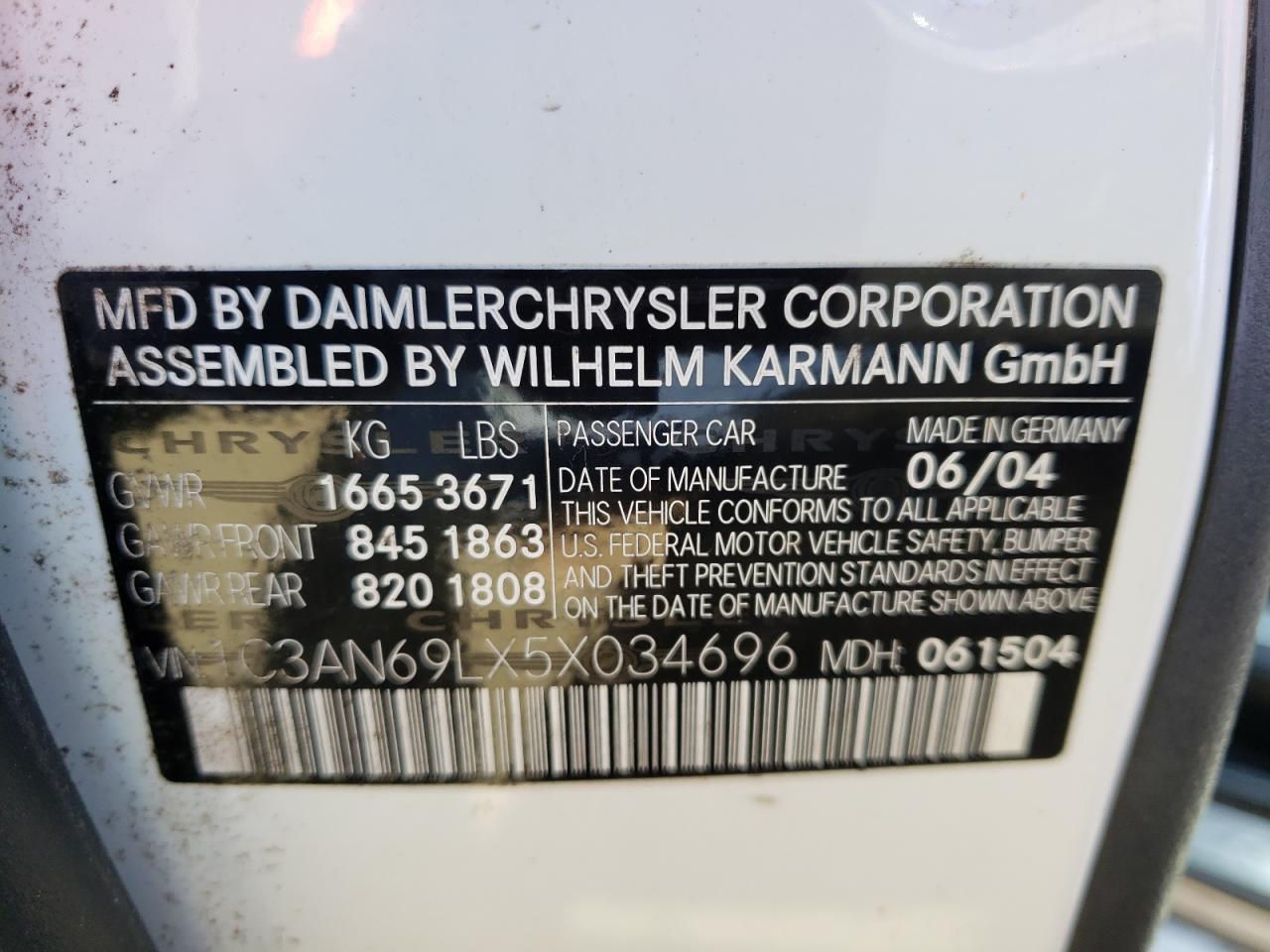 Photo 10 from auction – 2005 CHRYSLER CROSSFIRE with VIN 1C3AN69LX5X034696