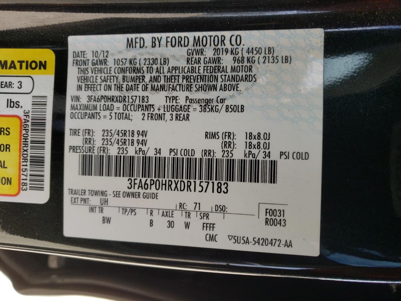 Photo 10 from auction – 2013 FORD FUSION SE with VIN 3FA6P0HRXDR157183