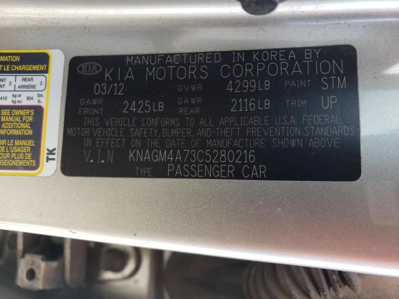 Photo 10 from auction – 2012 KIA OPTIMA LX with VIN KNAGM4A73C5280216