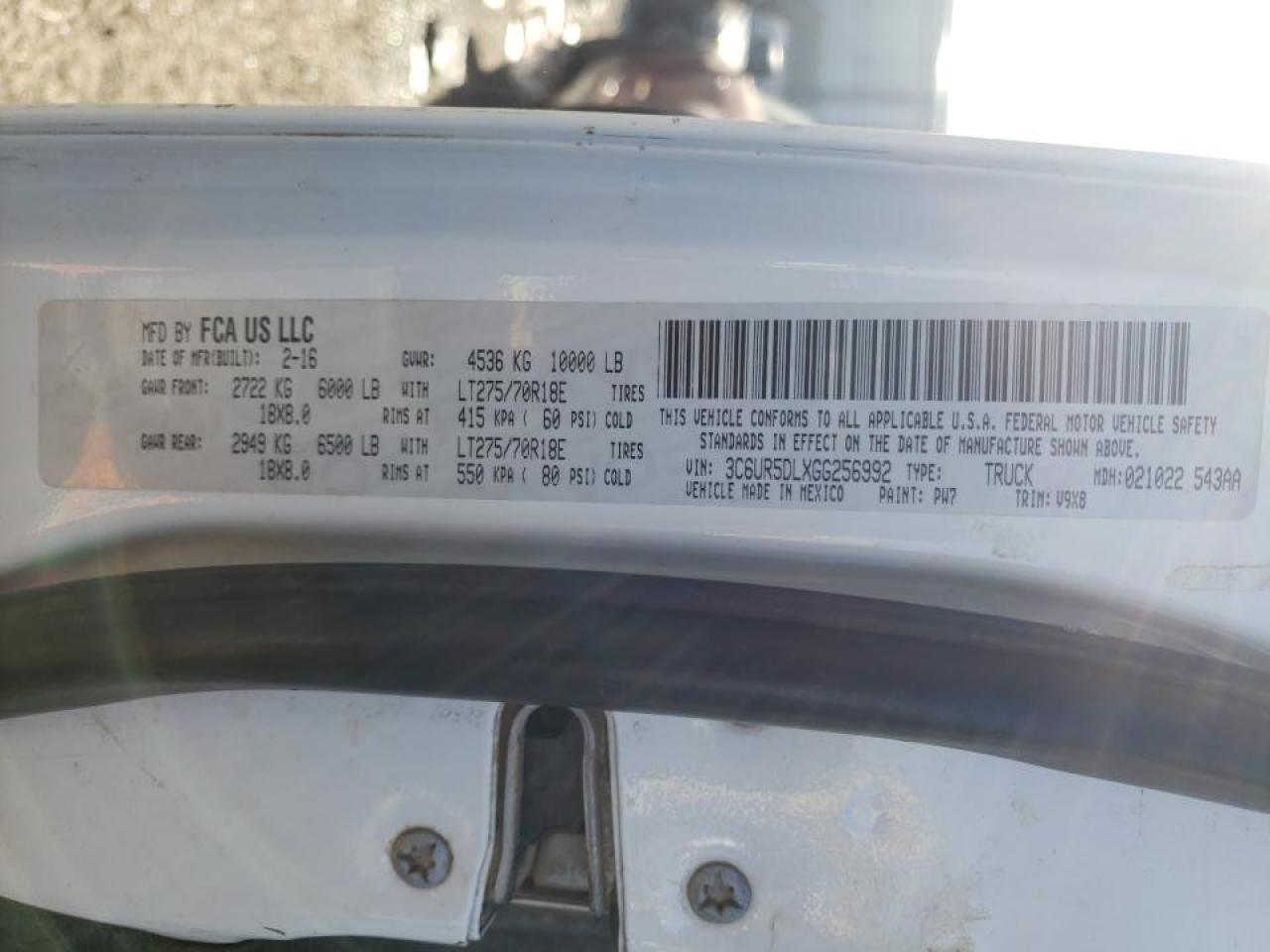 Foto 10 de la subasta – 2016 RAM 2500 SLT con VIN 3C6UR5DLXGG256992