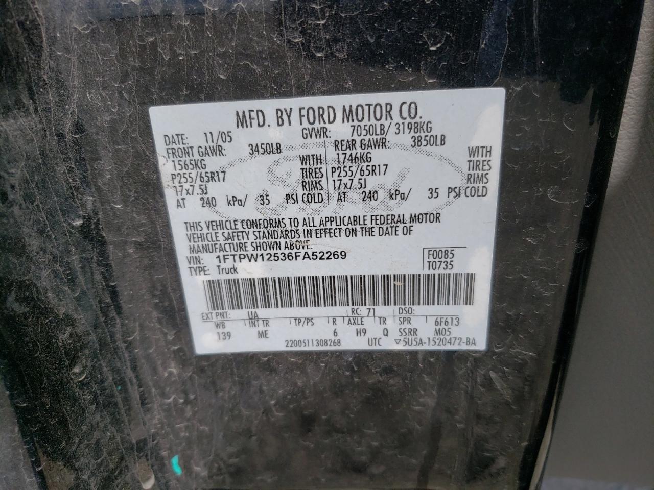 Photo 10 from auction – 2006 FORD F150 SUPER with VIN 1FTPW12536FA52269