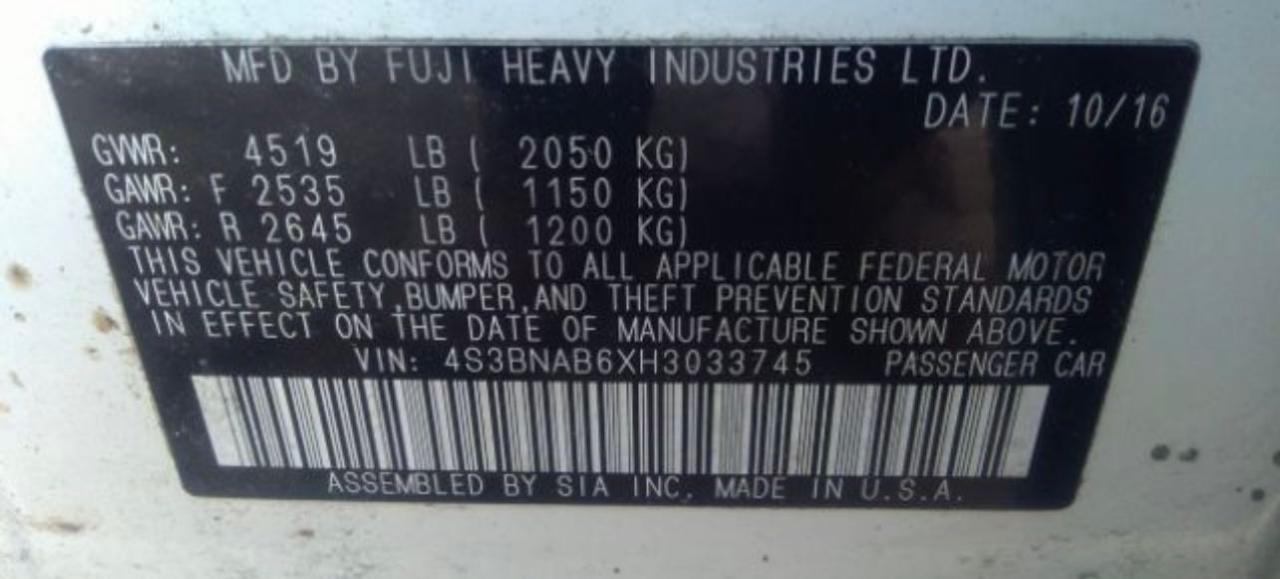 Photo 10 from auction – 2017 SUBARU LEGACY 2.5 with VIN 4S3BNAB6XH3033745