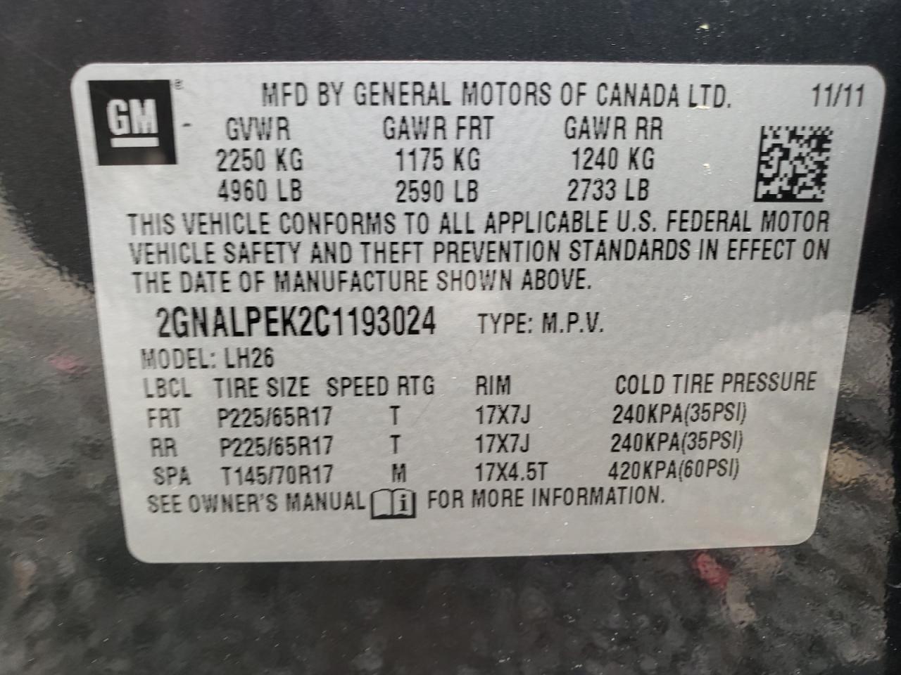 Photo 10 from auction – 2012 CHEVROLET EQUINOX LT with VIN 2GNALPEK2C1193024