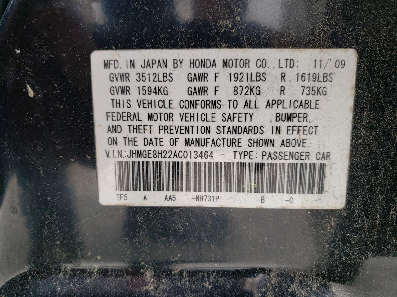 Photo 10 from auction – 2010 HONDA FIT with VIN JHMGE8H22AC013464