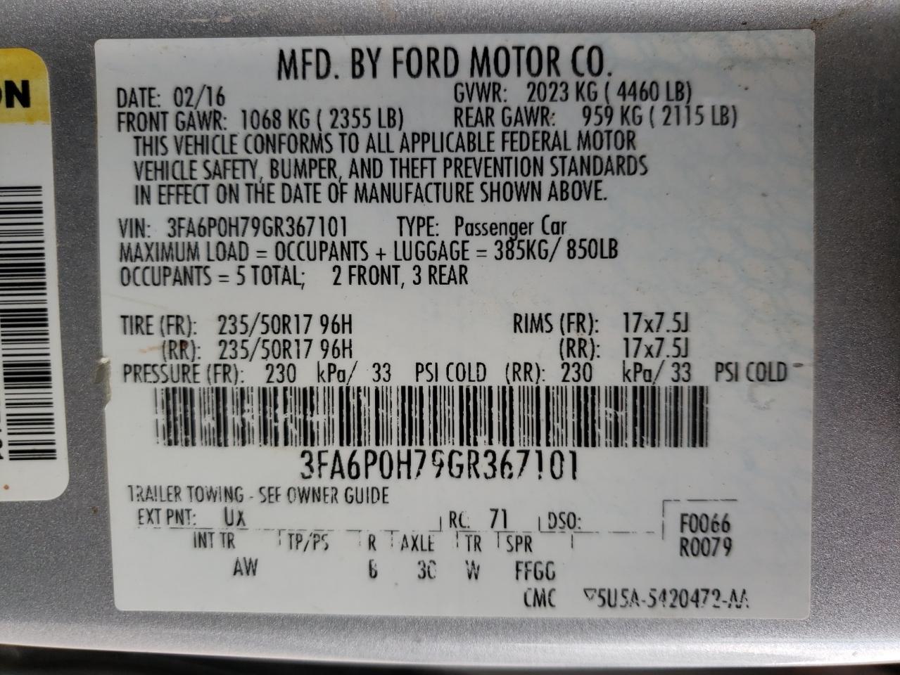 Photo 10 from auction – 2016 FORD FUSION SE with VIN 3FA6P0H79GR367101