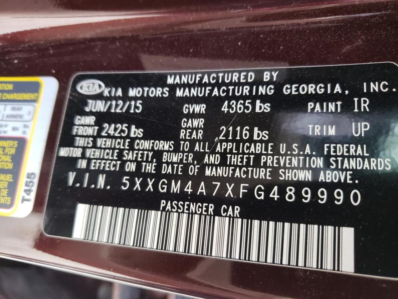 Photo 10 from auction – 2015 KIA OPTIMA LX with VIN 5XXGM4A7XFG489990