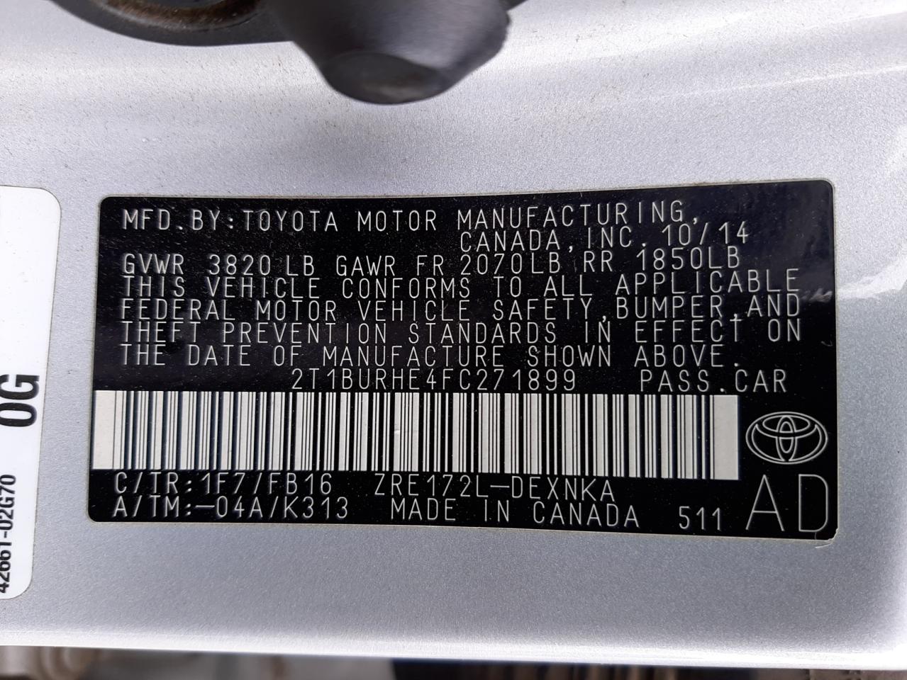 Photo 10 from auction – 2015 TOYOTA COROLLA L with VIN 2T1BURHE4FC271899