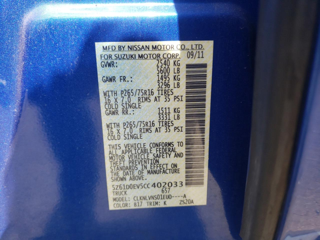 Photo 10 from auction – 2012 SUZUKI EQUATOR RM with VIN 5Z61D0EV5CC402033