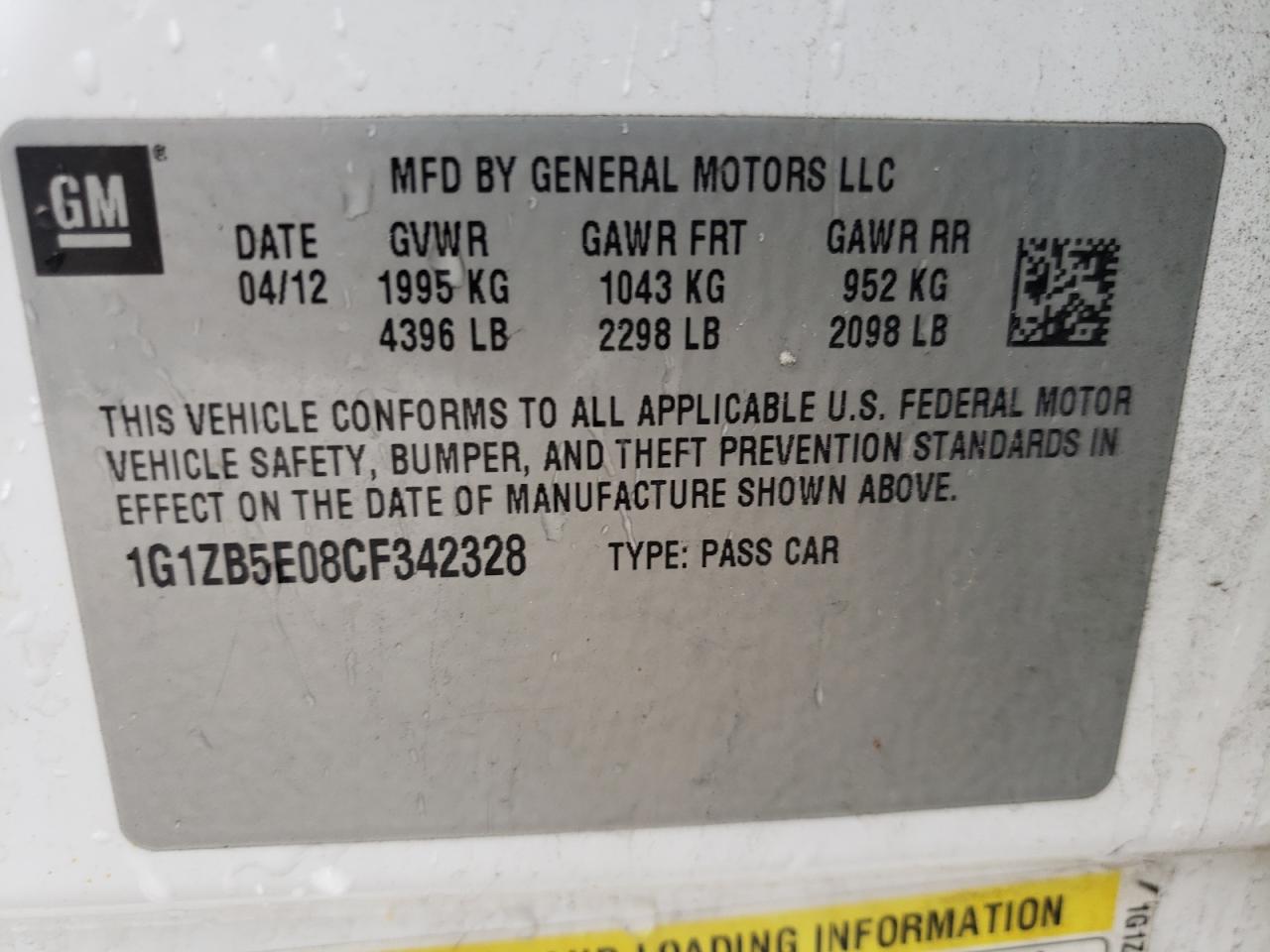 Photo 10 from auction – 2012 CHEVROLET MALIBU LS with VIN 1G1ZB5E08CF342328