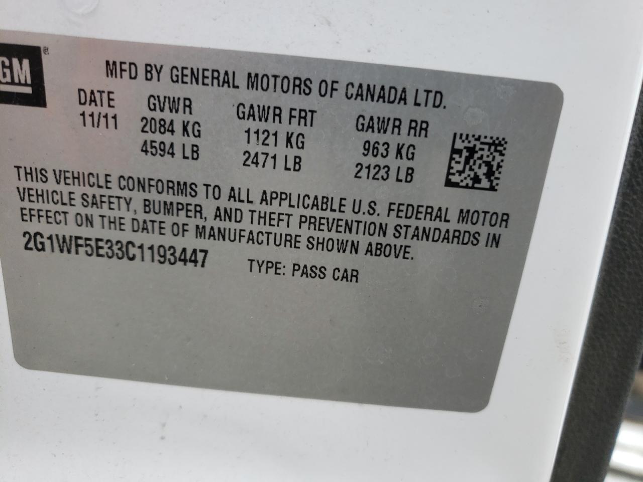 Photo 10 from auction – 2012 CHEVROLET IMPALA LS with VIN 2G1WF5E33C1193447