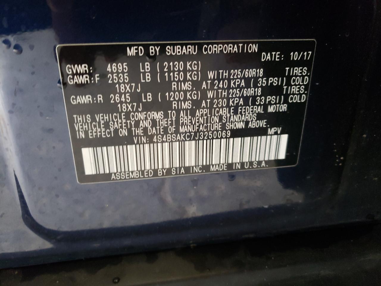 Photo 10 from auction – 2018 SUBARU OUTBACK 2. with VIN 4S4BSAKC7J3250069