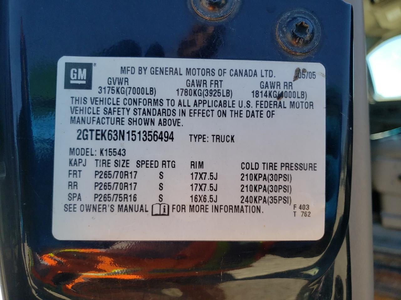 Photo 10 from auction – 2005 GMC SIERRA K15 with VIN 2GTEK63N151356494