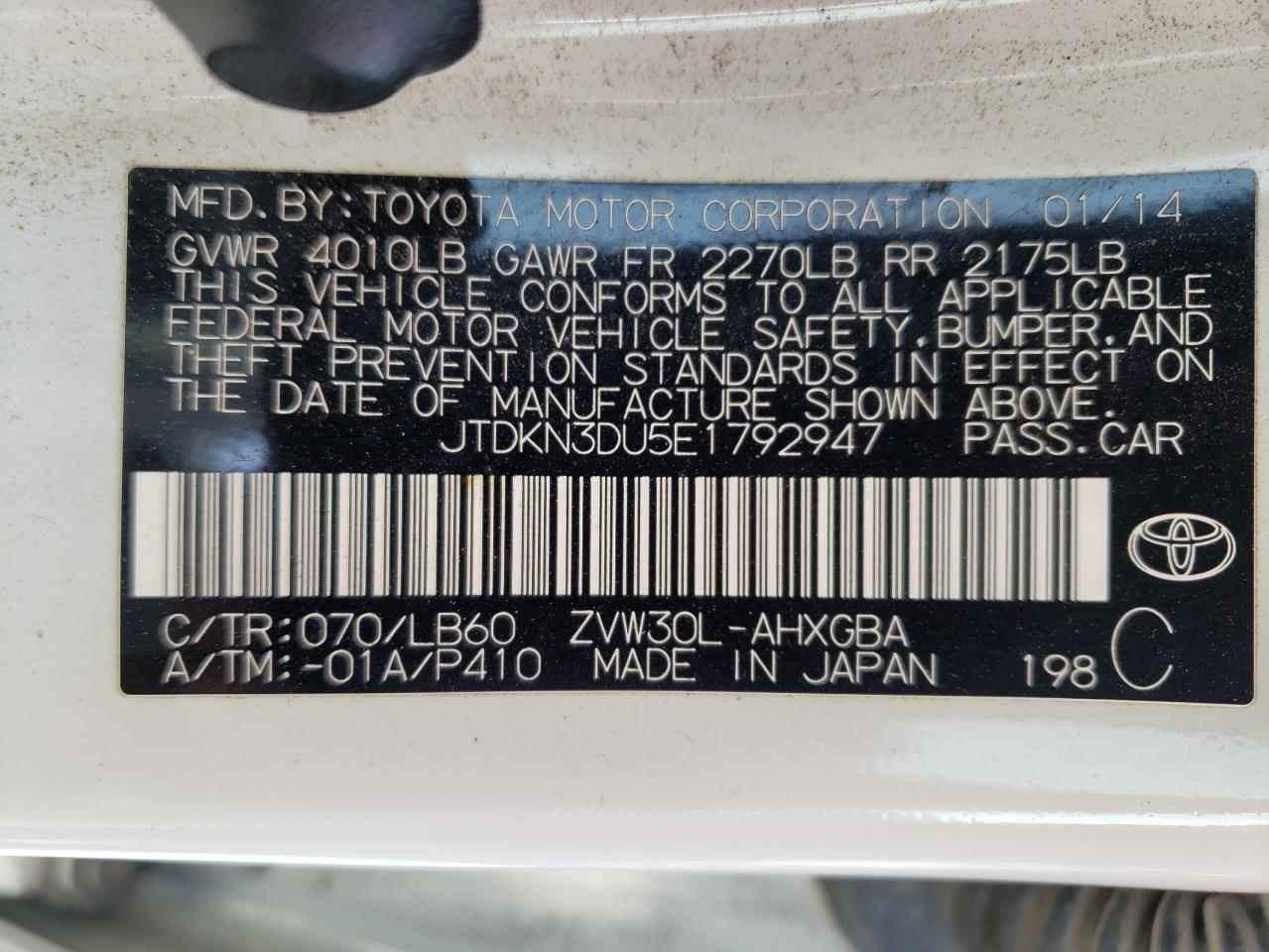Photo 10 from auction – 2014 TOYOTA PRIUS with VIN JTDKN3DU5E1792947