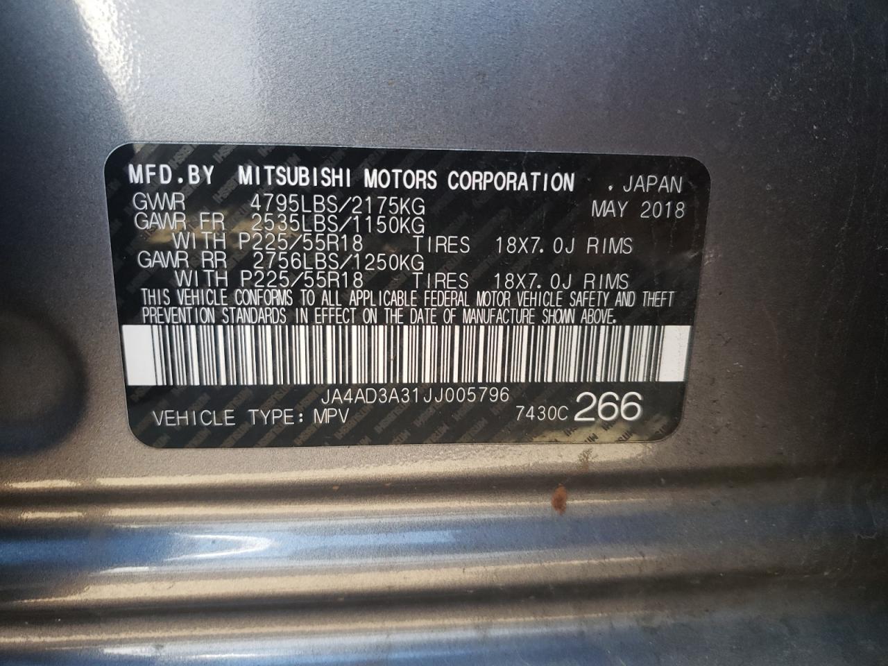 Photo 10 from auction – 2018 MITSUBISHI OUTLANDER with VIN JA4AD3A31JJ005796