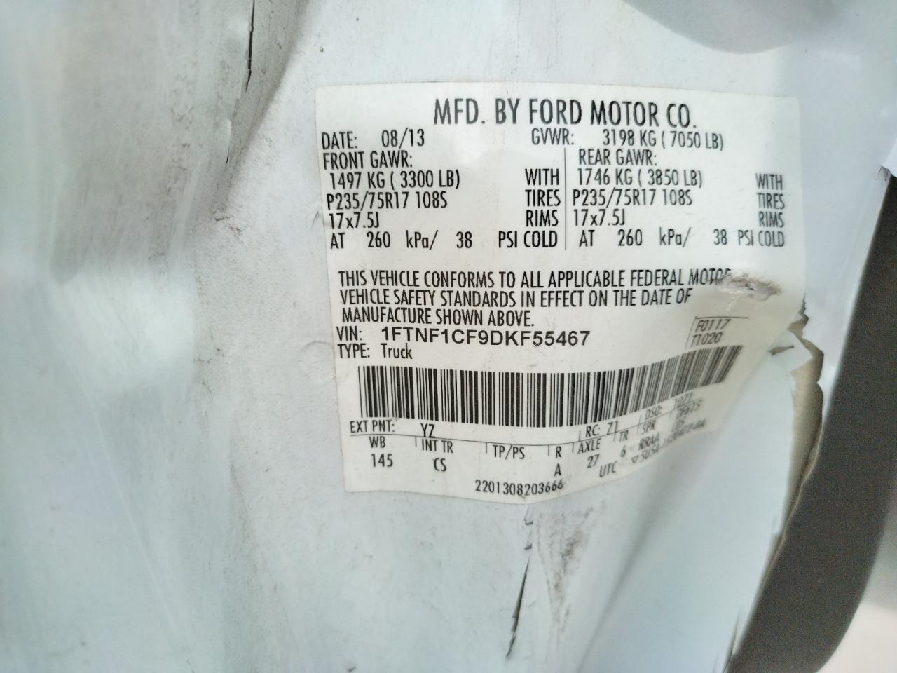 Photo 10 from auction – 2013 FORD F150 with VIN 1FTNF1CF9DKF55467