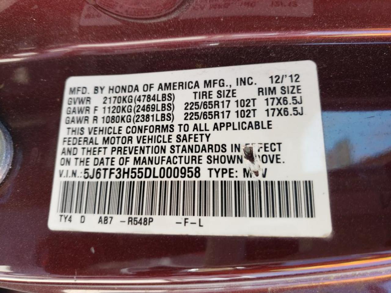 Photo 10 from auction – 2013 HONDA CROSSTOUR with VIN 5J6TF3H55DL000958