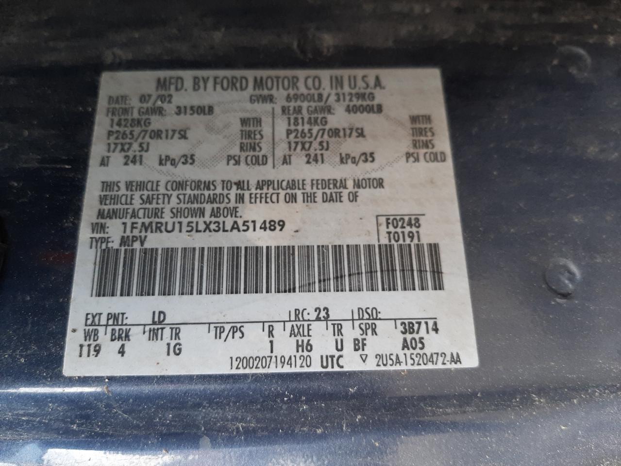 Photo 10 from auction – 2003 FORD EXPEDITION with VIN 1FMRU15LX3LA51489