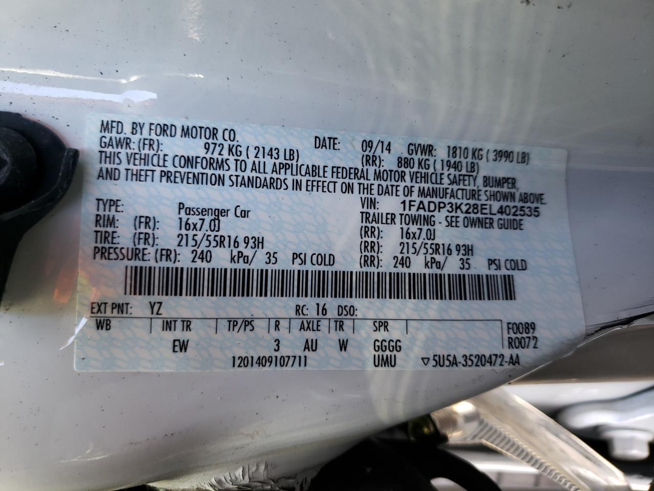 Photo 10 from auction – 2014 FORD FOCUS SE with VIN 1FADP3K28EL402535