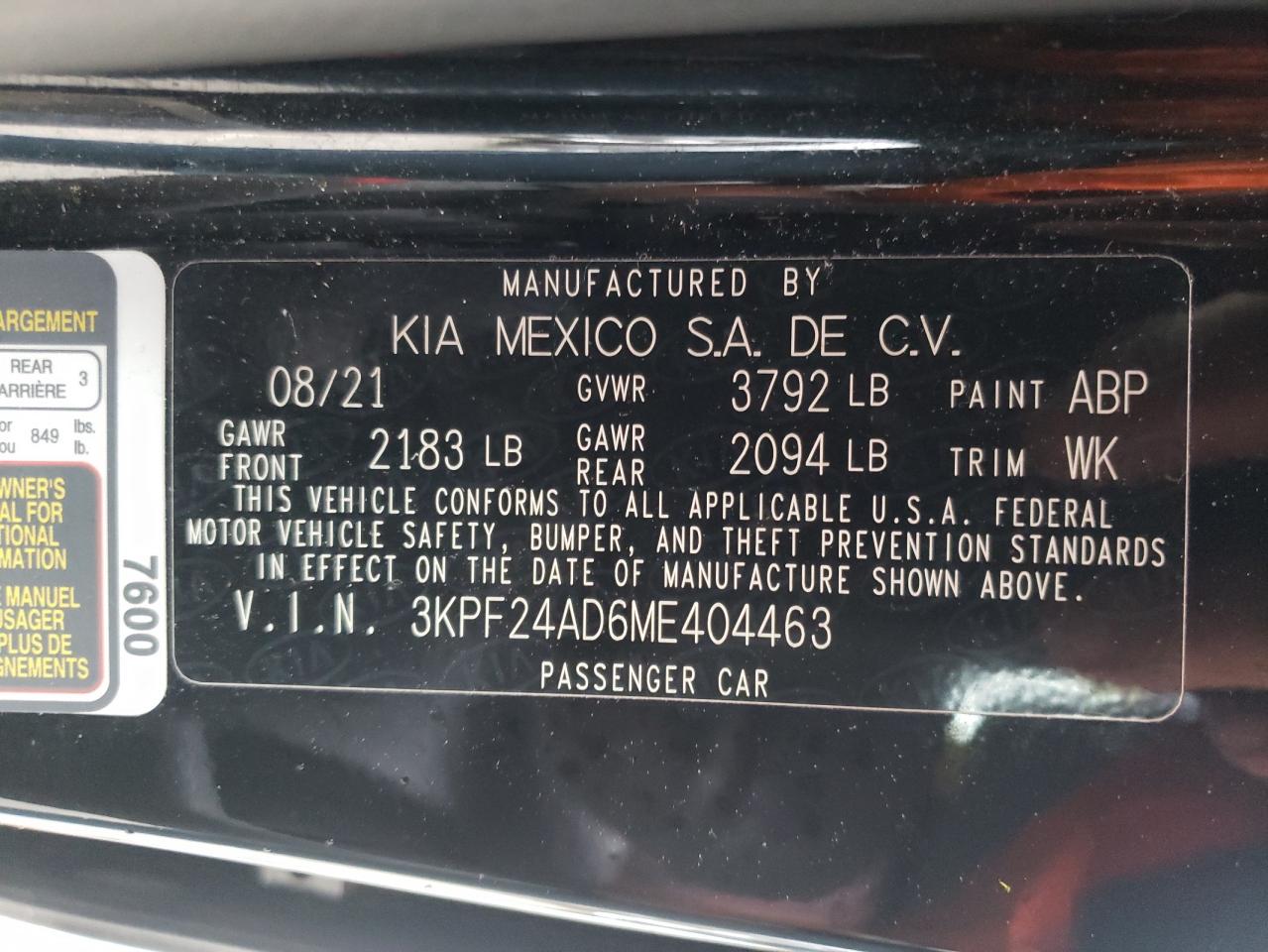 Photo 10 from auction – 2021 KIA FORTE FE with VIN 3KPF24AD6ME404463