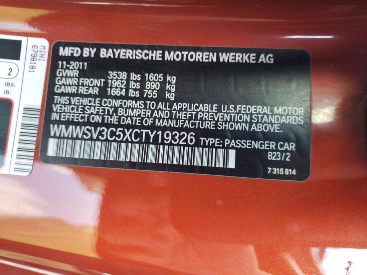 Photo 10 from auction – 2012 MINI COOPER S with VIN WMWSV3C5XCTY19326