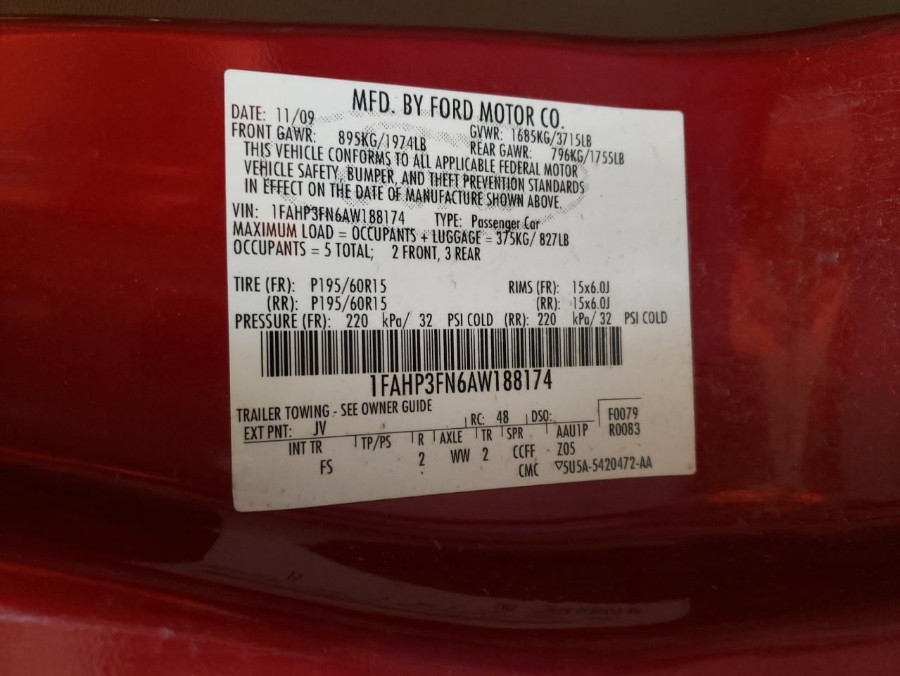 Photo 10 from auction – 2010 FORD FOCUS SE with VIN 1FAHP3FN6AW188174