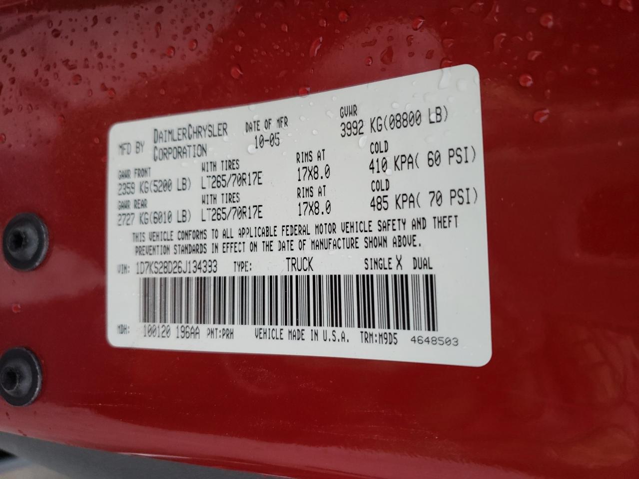 Photo 10 from auction – 2006 DODGE RAM 2500 S with VIN 1D7KS28D26J134393