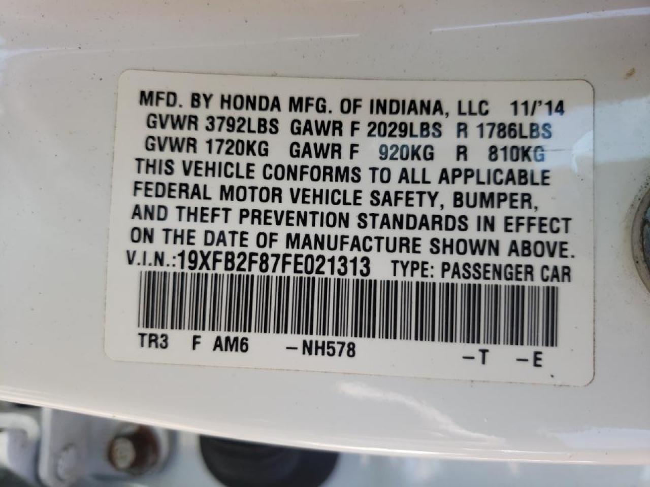 Photo 10 from auction – 2015 HONDA CIVIC EX with VIN 19XFB2F87FE021313