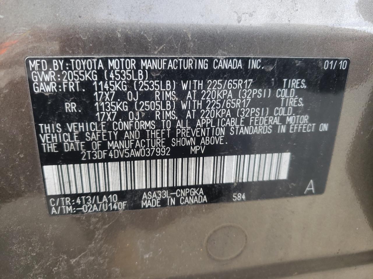 Photo 10 from auction – 2010 TOYOTA RAV4 LIMIT with VIN 2T3DF4DV5AW037992