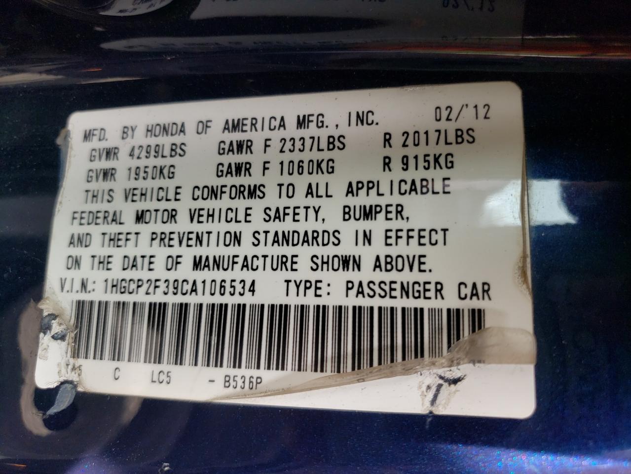 Photo 10 from auction – 2012 HONDA ACCORD LX with VIN 1HGCP2F39CA106534