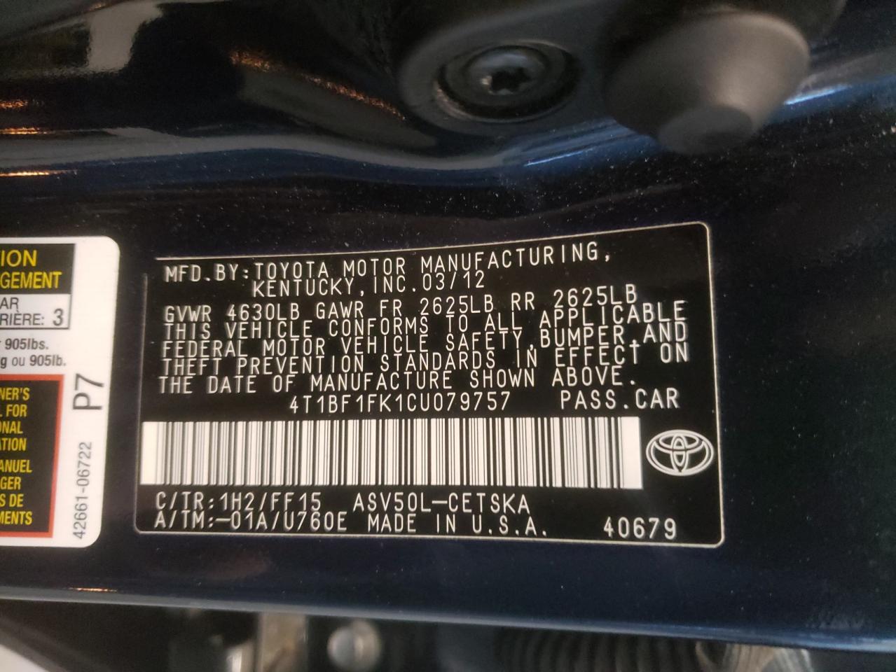 Photo 10 from auction – 2012 TOYOTA CAMRY BASE with VIN 4T1BF1FK1CU079757