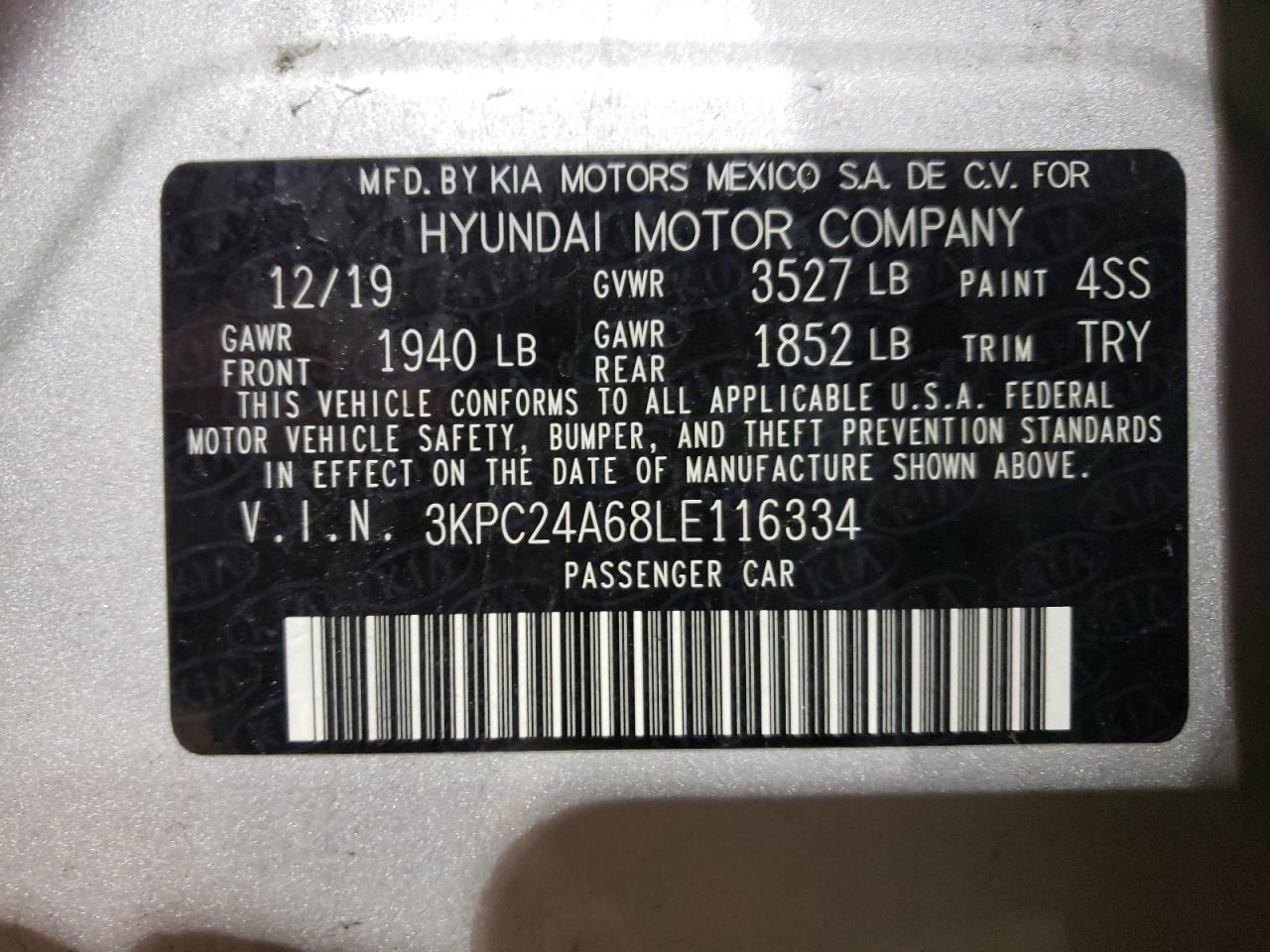 Photo 10 from auction – 2020 HYUNDAI ACCENT SE with VIN 3KPC24A68LE116334