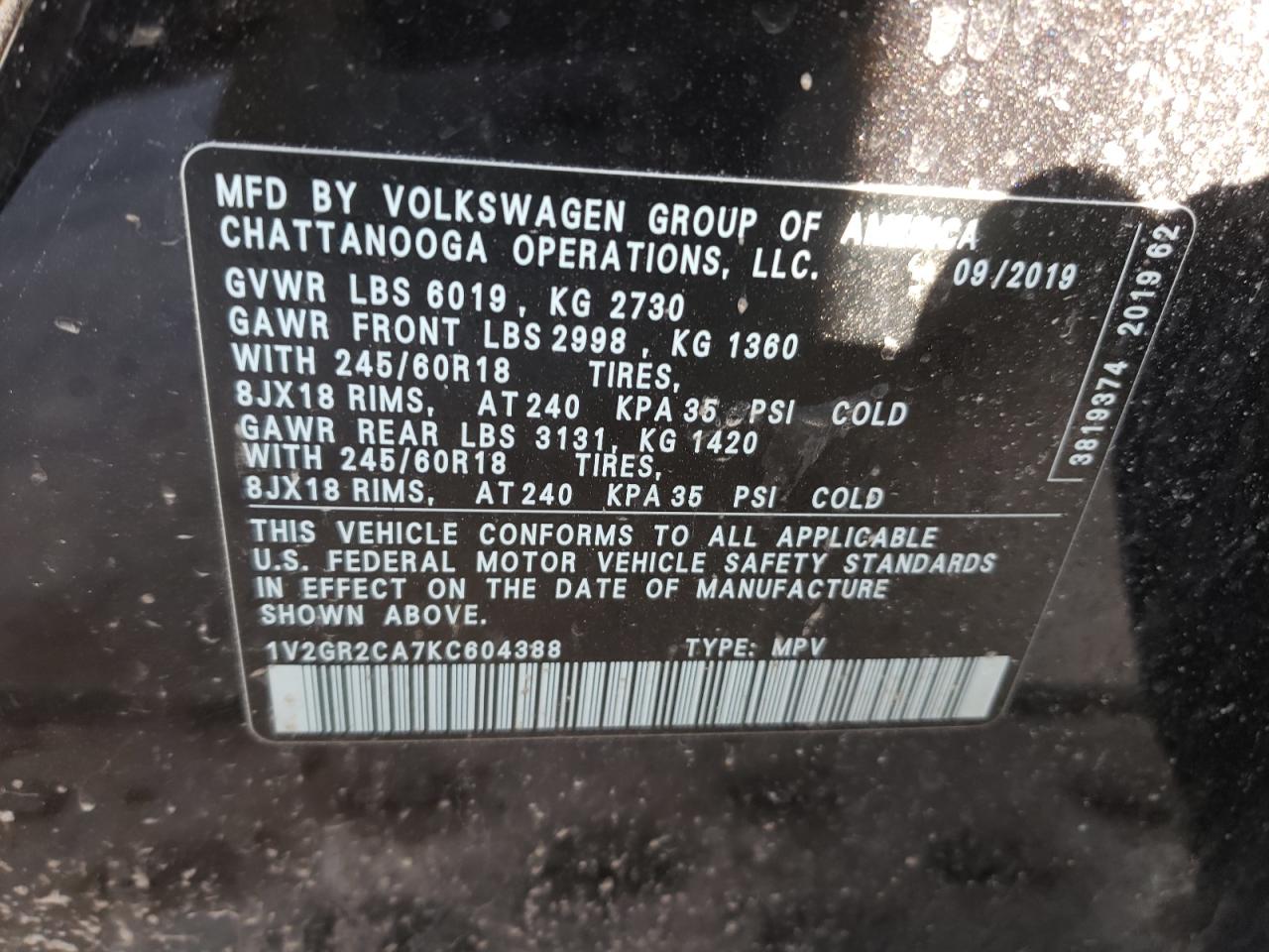 Photo 10 from auction – 2019 VOLKSWAGEN ATLAS S with VIN 1V2GR2CA7KC604388