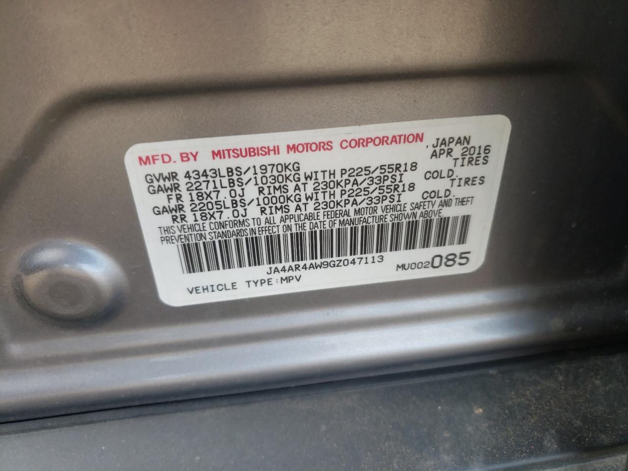 Photo 10 from auction – 2016 MITSUBISHI OUTLANDER with VIN JA4AR4AW9GZ047113