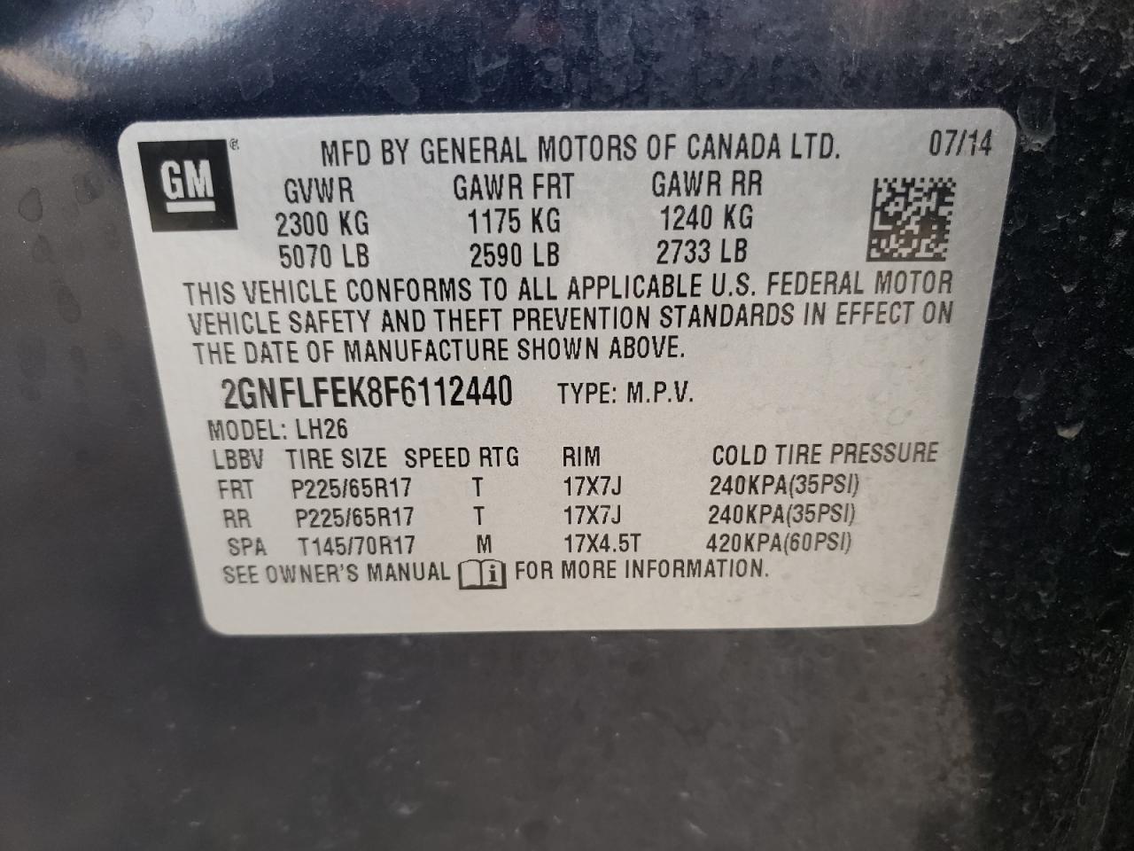 Photo 10 from auction – 2015 CHEVROLET EQUINOX LT with VIN 2GNFLFEK8F6112440