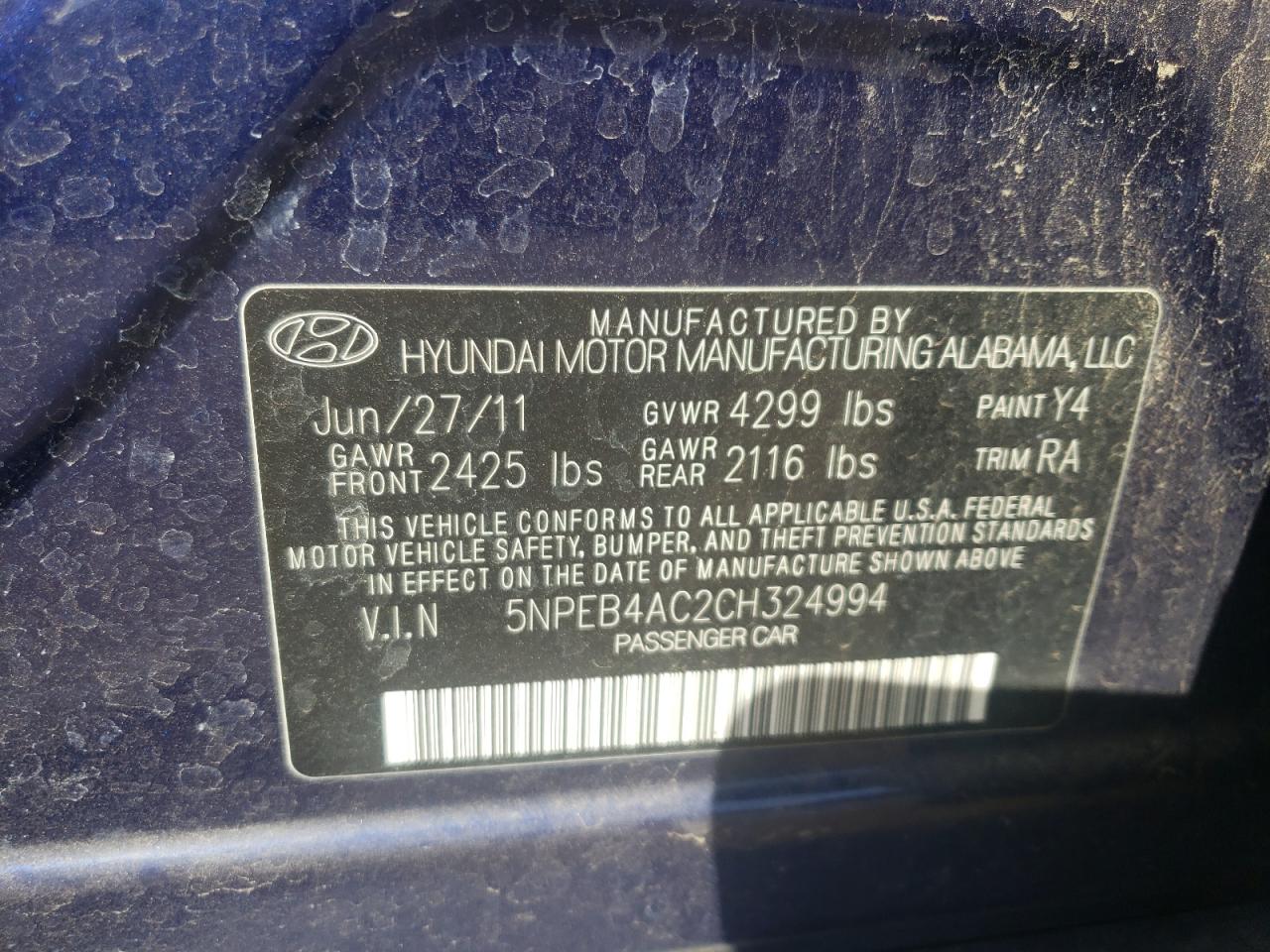 Photo 10 from auction – 2012 HYUNDAI SONATA GLS with VIN 5NPEB4AC2CH324994