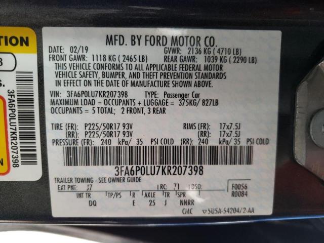 Photo 10 from auction – 2019 FORD FUSION SE with VIN 3FA6P0LU7KR207398