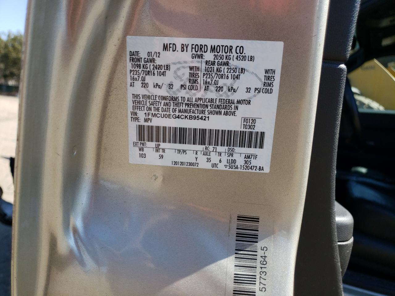 Photo 10 from auction – 2012 FORD ESCAPE LIM with VIN 1FMCU0EG4CKB95421