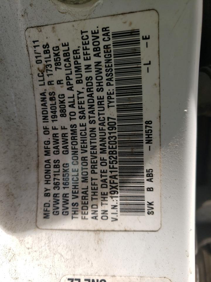 Photo 10 from auction – 2011 HONDA CIVIC LX with VIN 19XFA1F52BE031907
